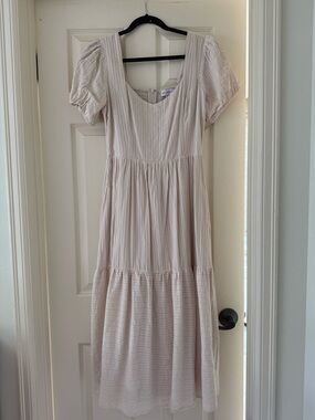 Lost + Wander Blush Striped Puff-Sleeve Midi Dress
